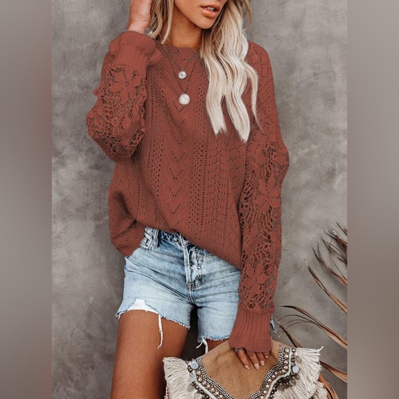 NEW Women Lace Crochet Casual Sweaters Long Sleeve Crewneck Pullover Knit Top - Picture 5 of 8